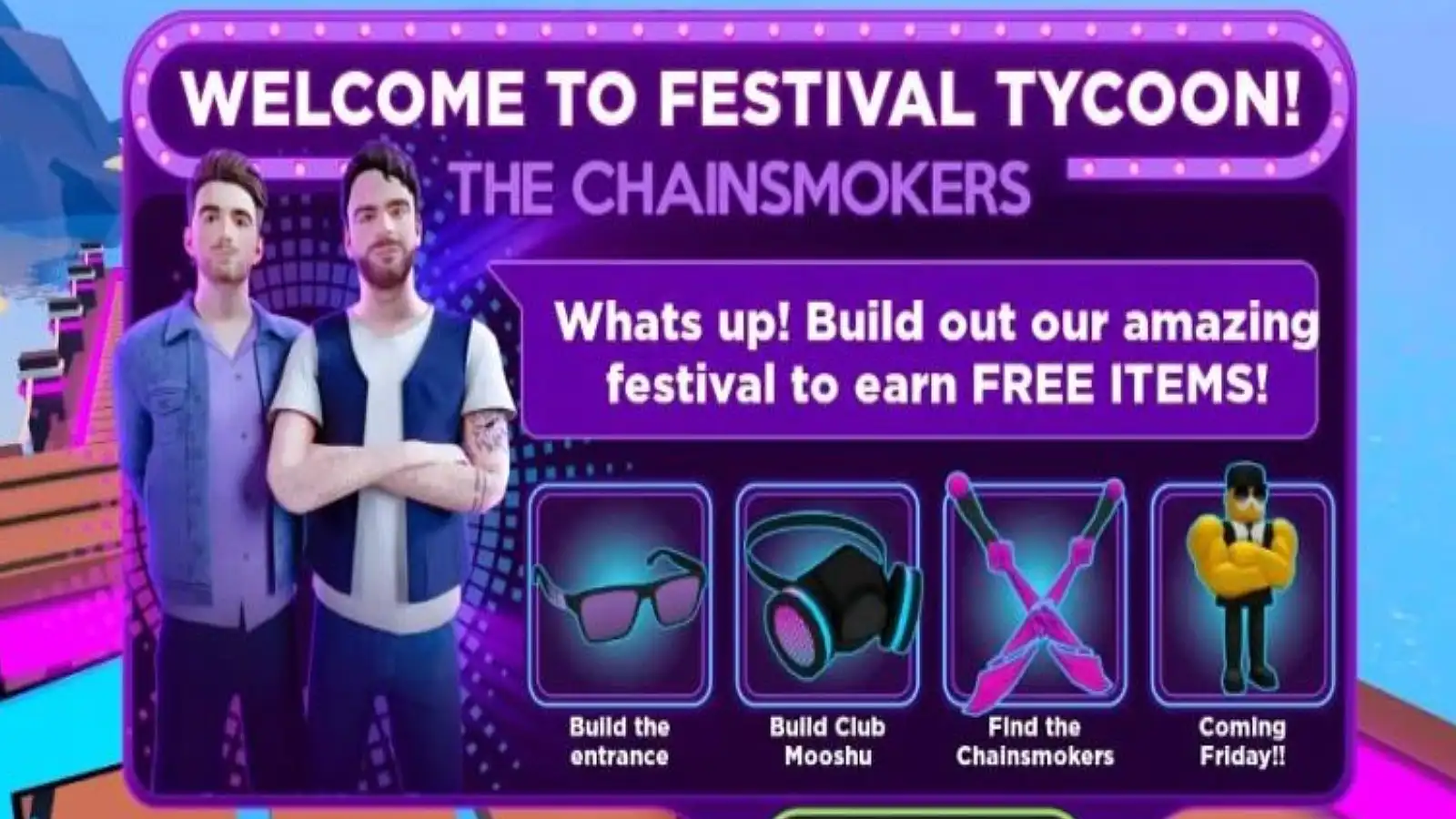 Как получить очки, противогаз, мечи и питомца The Chainsmokers в Roblox Festival Tycoon