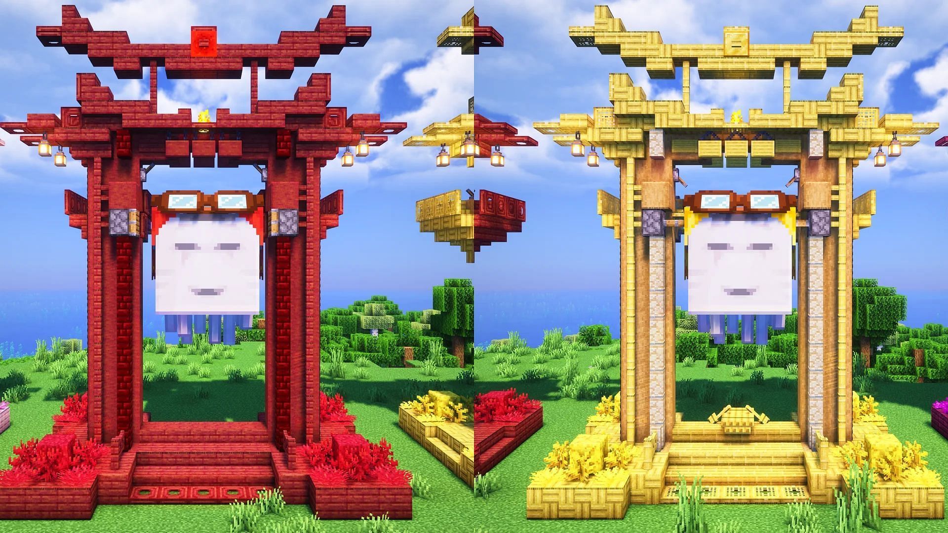 Un giocatore di Minecraft mostra le bellissime stazioni di attracco ispirate al Torii Gate per i ghast felici