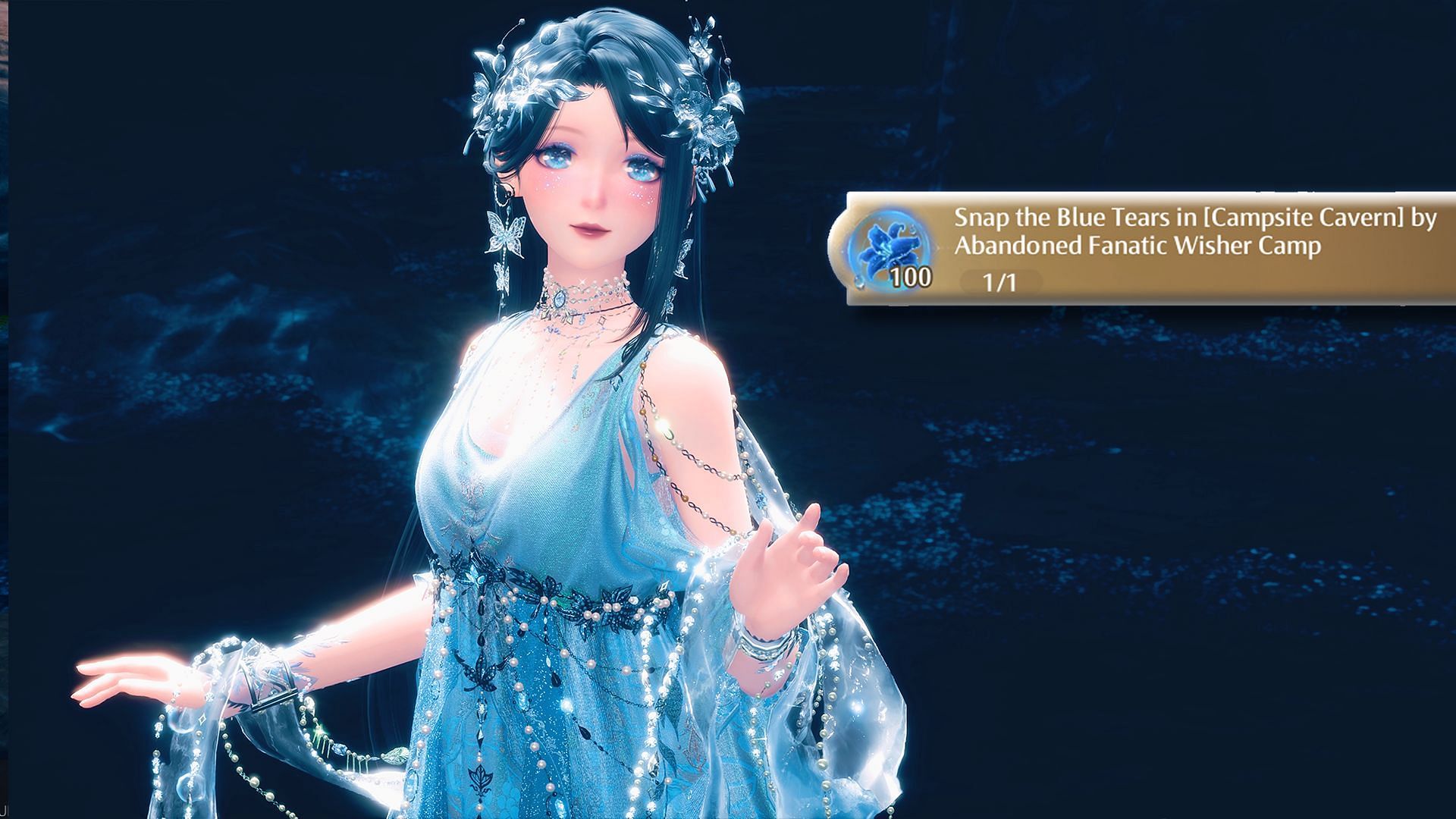 Infinity Nikki: Как сделать снимок Голубых Слез в Пещере Лагеря у Заброшенного Фанатика Желаний