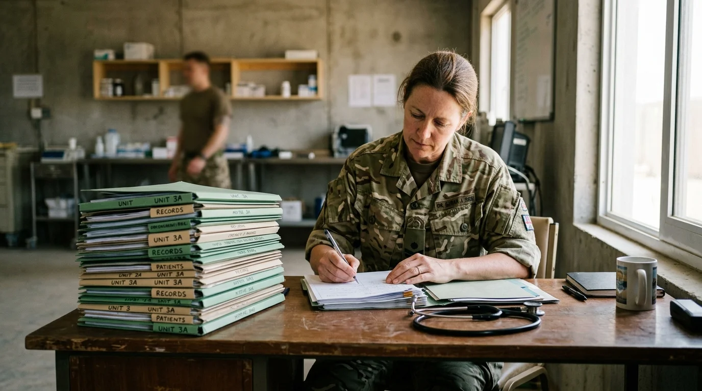 Военный врач изучает медицинские документы