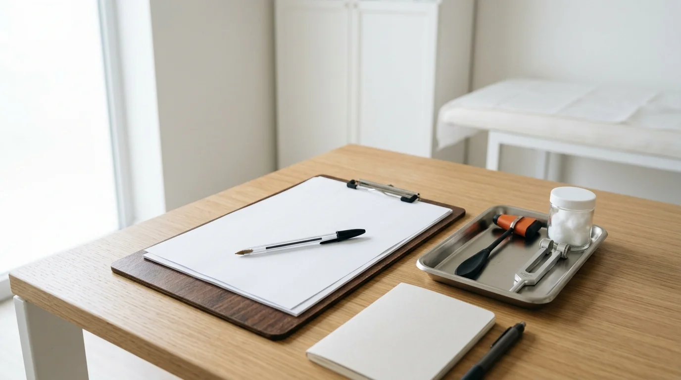 Neutral medical documents and examination preparation on a desk