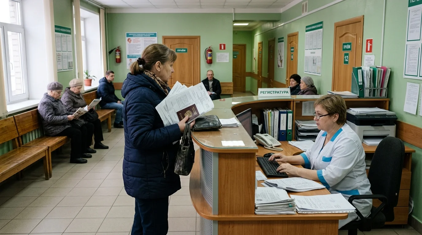 Гражданин с документами в коридоре государственной поликлиники